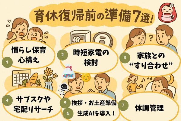 育休復帰前の準備７選！を説明した図解イラスト