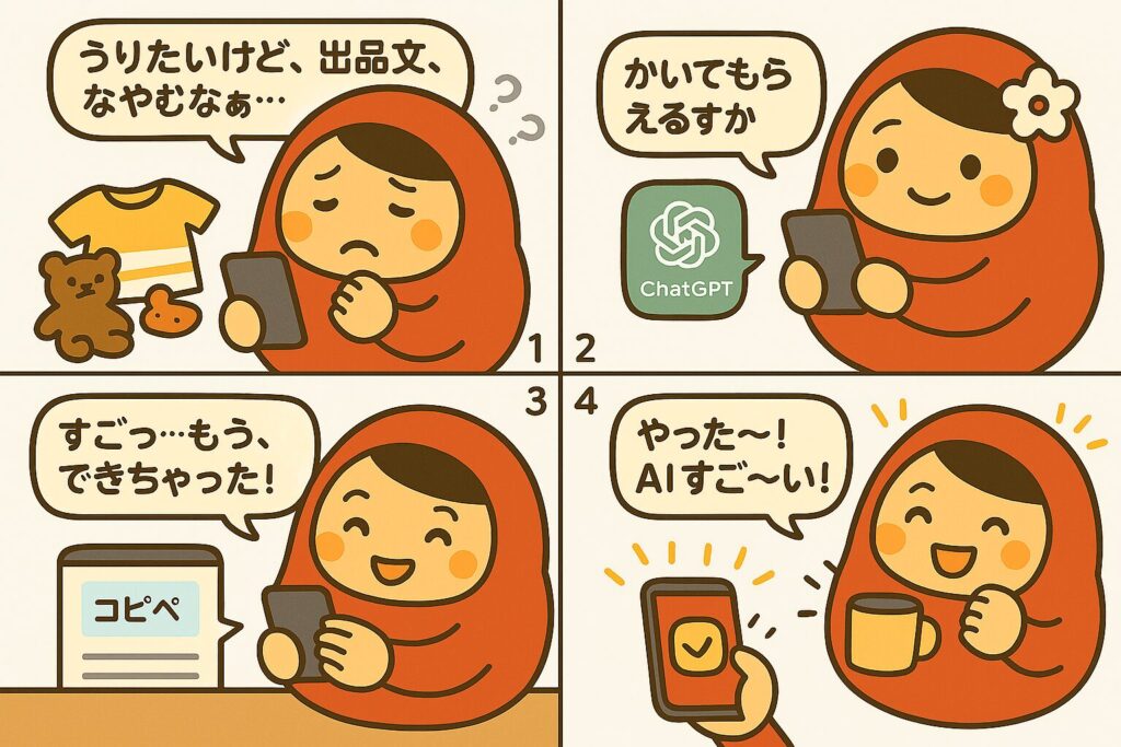 メルカリに出品するだるママの４コマ漫画。