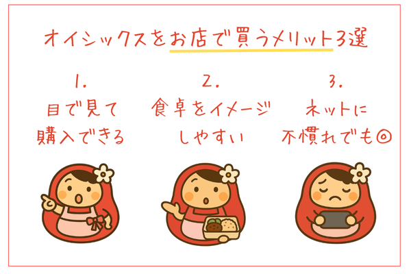 オイシックスをお店で買うメリット３選の図解イラスト